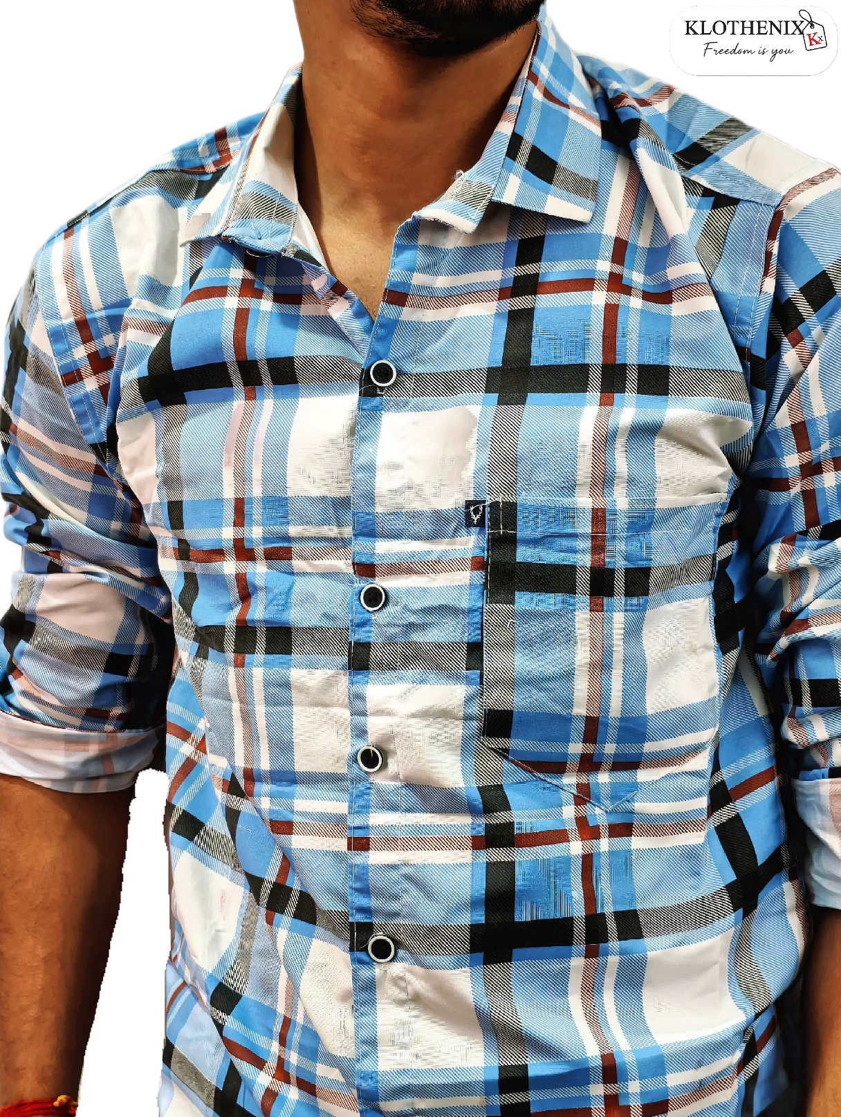 Plaid shirt with blue, white, and brown pattern worn by a person