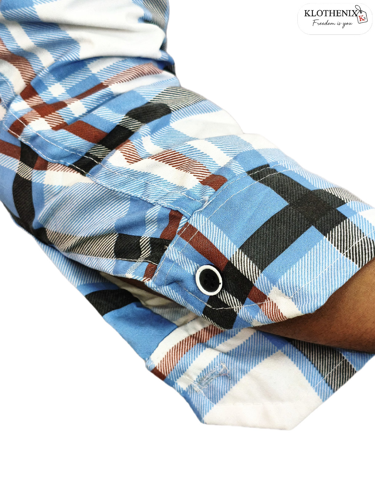 Close-up of a plaid tie with blue, black, and brown patterns on a white background.